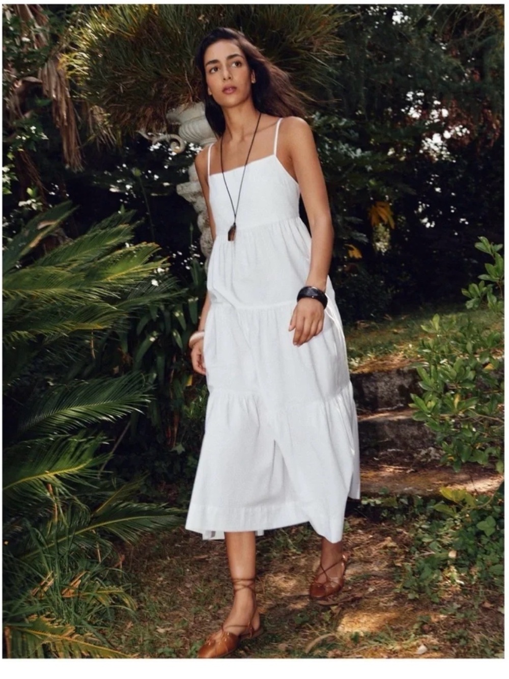 Zara White Tiered Spaghetti-Strap Maxi Dress